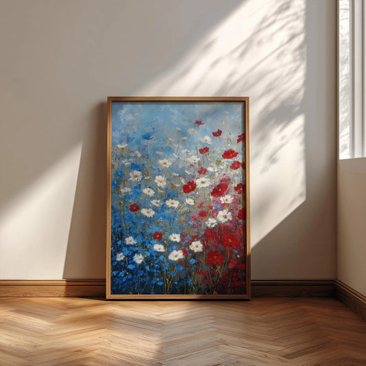 American Flag Wildflower Field print, Patriotic Floral Wall Art, USA wall Art